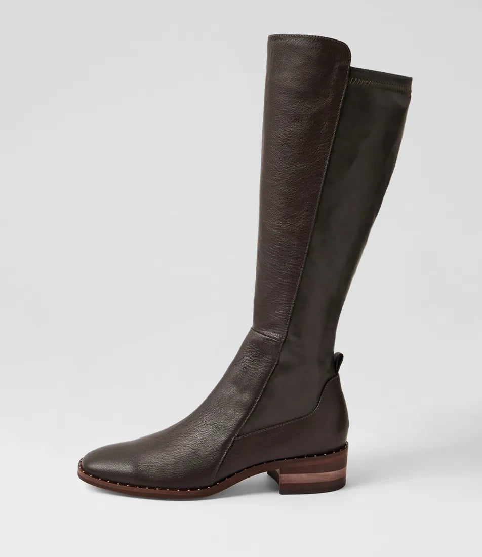 Folmy Choc Leather Stretch Knee High Boots
