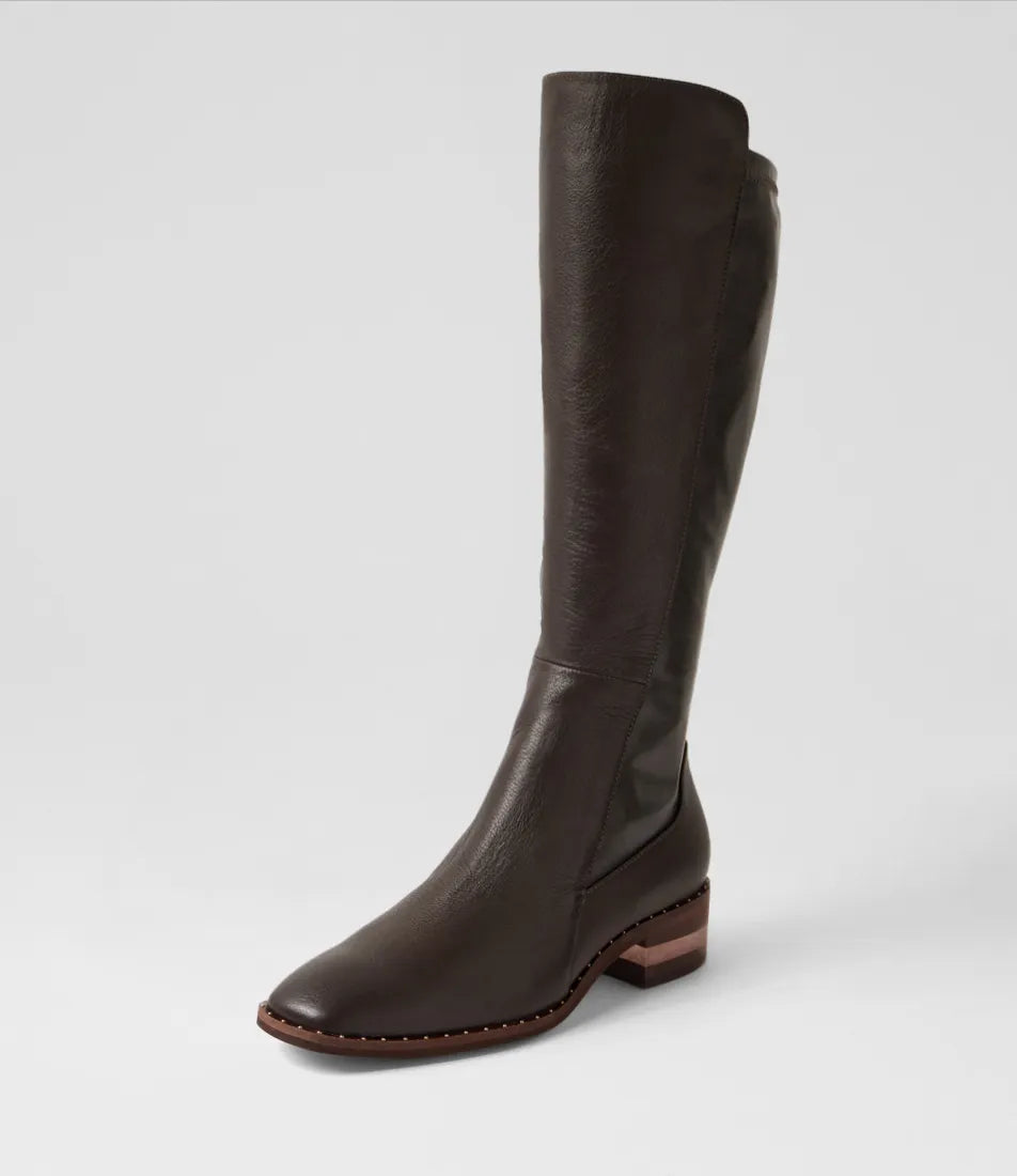 Folmy Choc Leather Stretch Knee High Boots