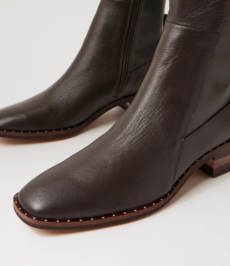 Folmy Choc Leather Stretch Knee High Boots