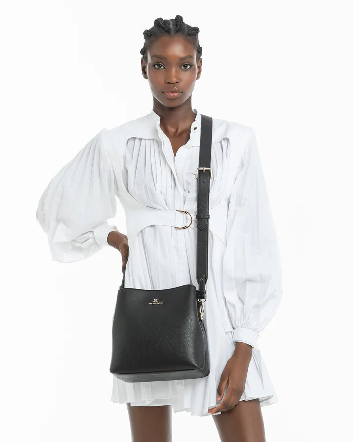 Joanie 3 Compartment Crossbody Bucket Bag - Black