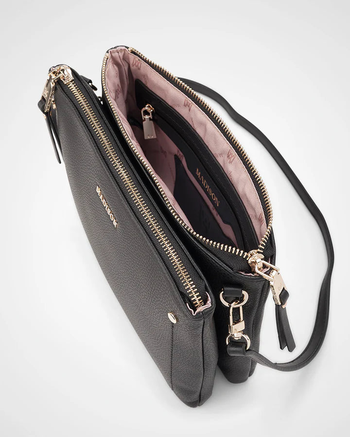 Charlotte Double Zip Crossbody Bag - Black