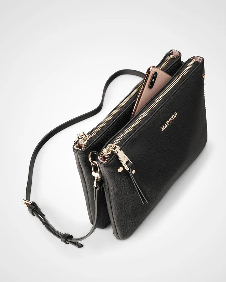 Charlotte Double Zip Crossbody Bag - Black
