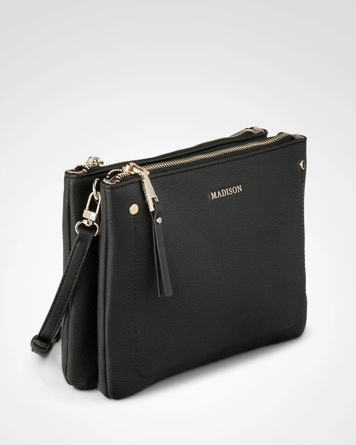 Charlotte Double Zip Crossbody Bag - Black