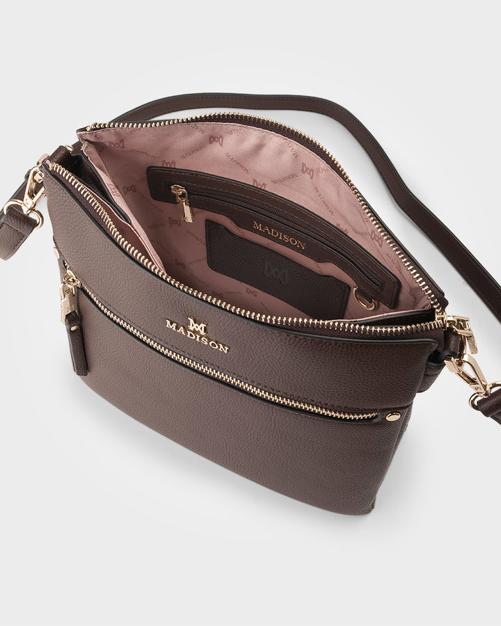 Renee Zip Top 2 Compartment Crossbody Bag + Monogram Bag Strap Chocolate
