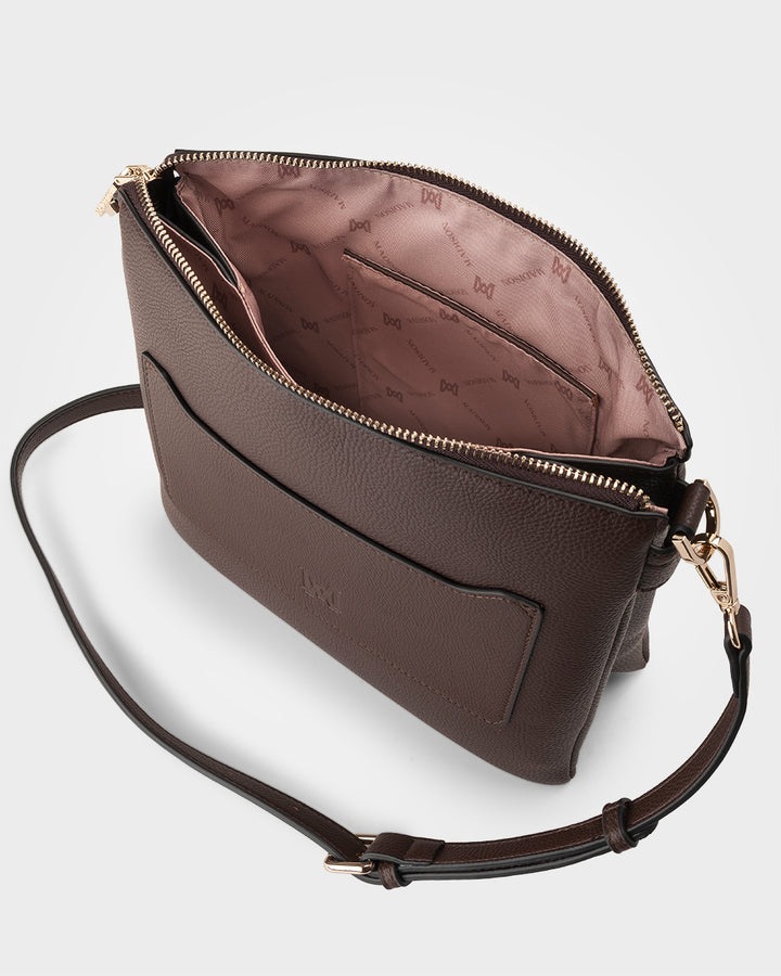 Renee Zip Top 2 Compartment Crossbody Bag + Monogram Bag Strap Chocolate