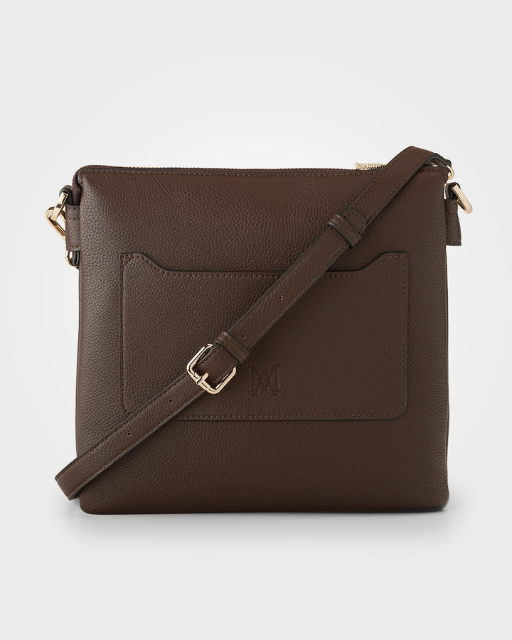 Renee Zip Top 2 Compartment Crossbody Bag + Monogram Bag Strap Chocolate