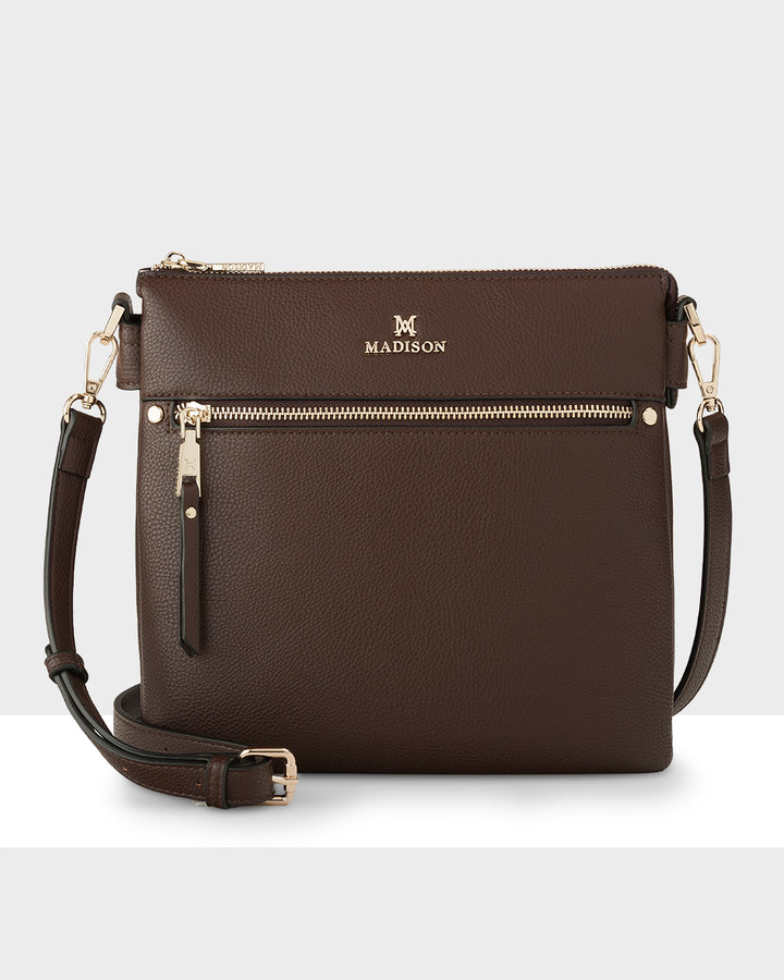 Renee Zip Top 2 Compartment Crossbody Bag + Monogram Bag Strap Chocolate