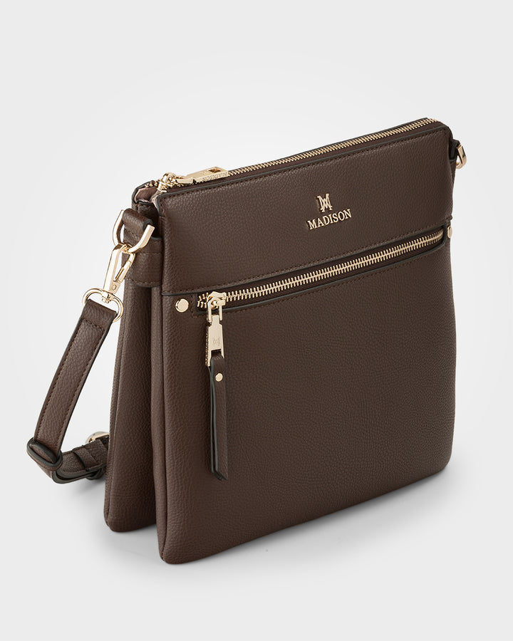 Renee Zip Top 2 Compartment Crossbody Bag + Monogram Bag Strap Chocolate