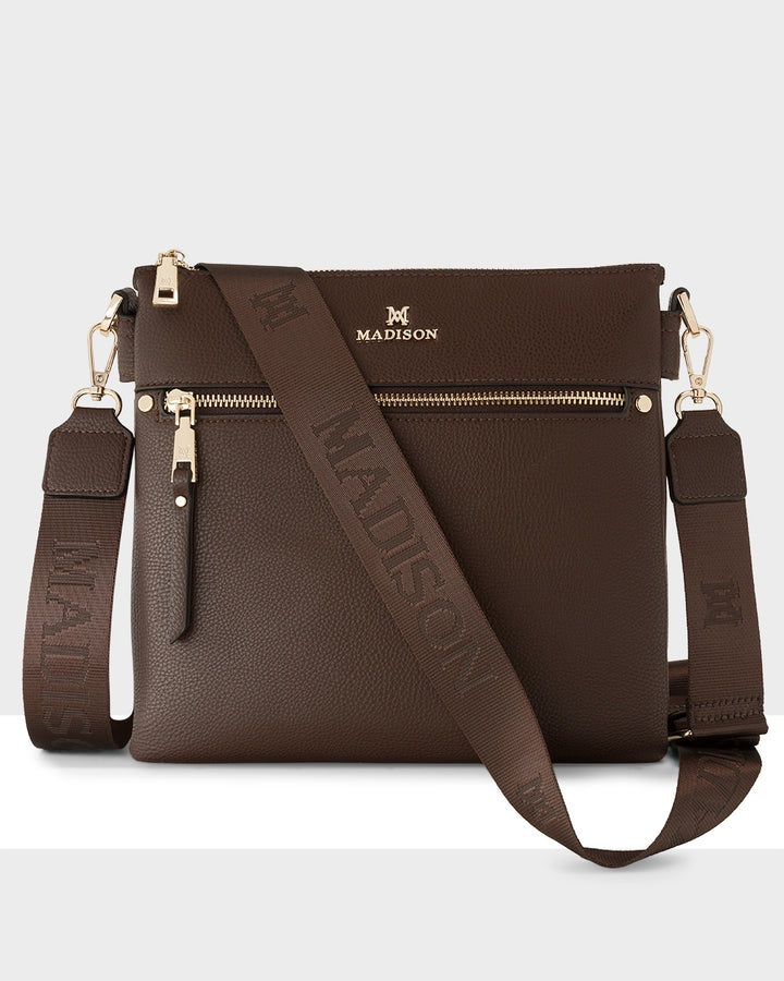 Renee Zip Top 2 Compartment Crossbody Bag + Monogram Bag Strap Chocolate