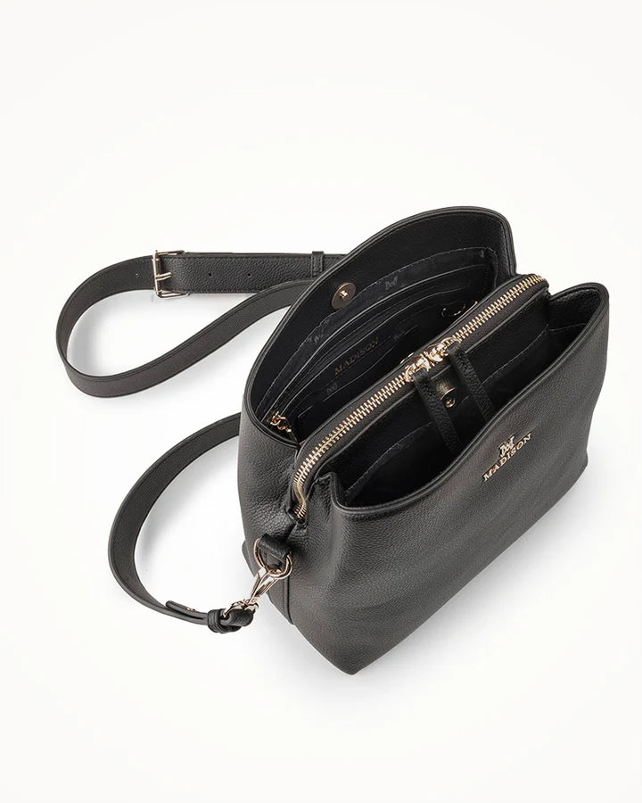 Joanie 3 Compartment Crossbody Bucket Bag - Black