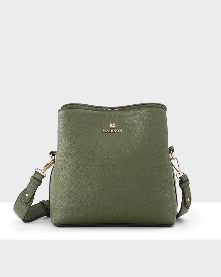 Joanie 3 Compartment Crossbody Bucket Bag - Olive Green
