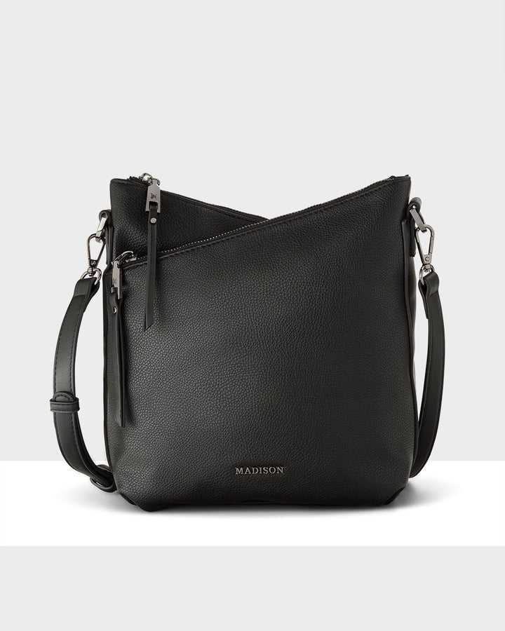 Maya Medium Double Zip Sling Crossbody Bag Black/Gunmetal Hardware