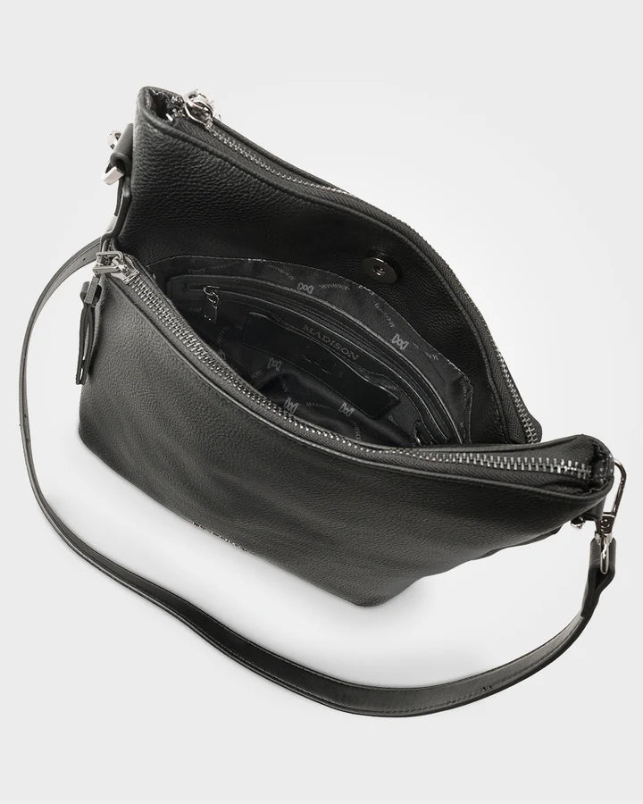 Maya Medium Double Zip Sling Crossbody Bag Black/Gunmetal Hardware