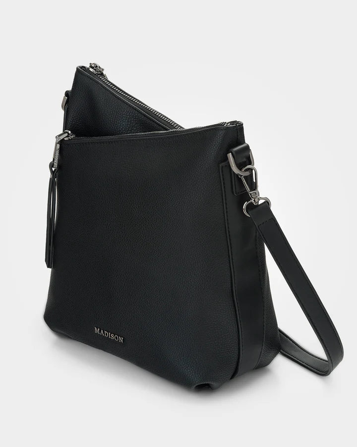 Maya Medium Double Zip Sling Crossbody Bag Black/Gunmetal Hardware