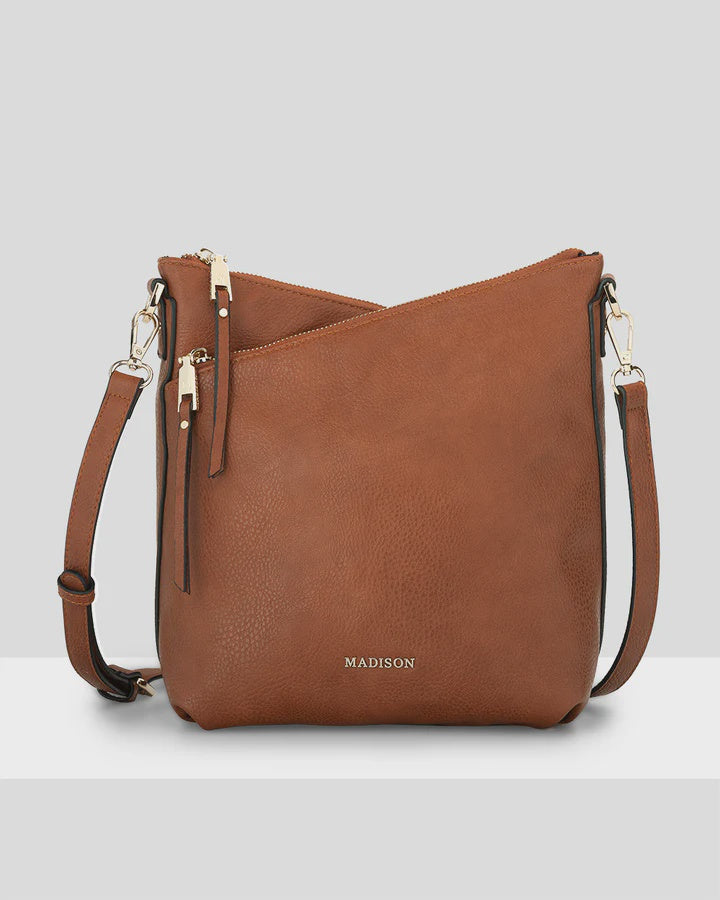 Maya Medium Double Zip Sling Crossbody Bag Dk Tan/Light Gold Hardware