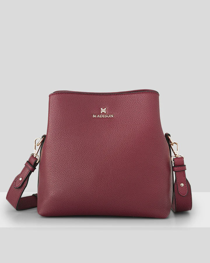 Joanie 3 Compartment Crossbody Bucket Bag - Burgandy