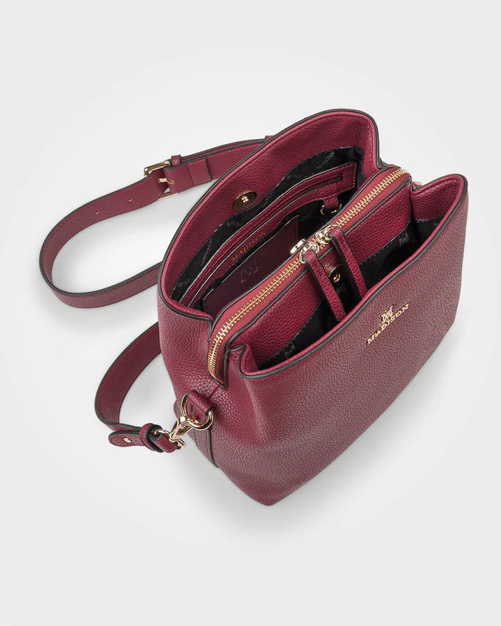 Joanie 3 Compartment Crossbody Bucket Bag - Burgandy