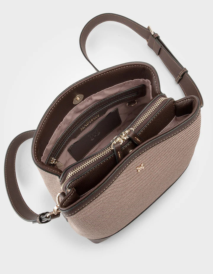Joanie 3 Compartment Crossbody Bucket Bag Natural / Choc