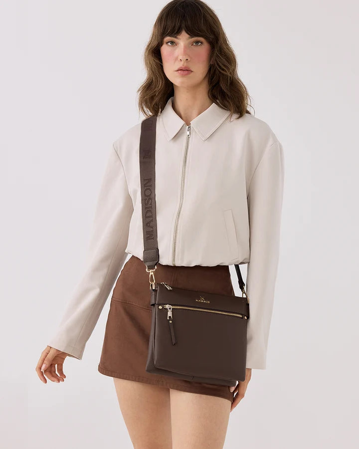 Renee Zip Top 2 Compartment Crossbody Bag + Monogram Bag Strap Chocolate