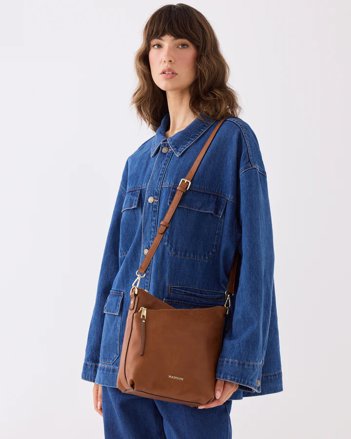 Maya Medium Double Zip Sling Crossbody Bag Dk Tan/Light Gold Hardware