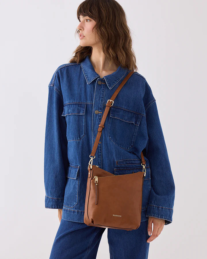 Maya Medium Double Zip Sling Crossbody Bag Dk Tan/Light Gold Hardware
