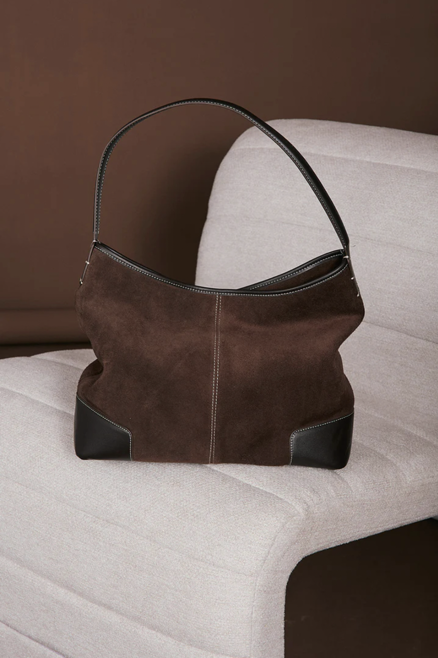 Tiae Leather Contrast Stitch Bucket Bag (Chocolate)