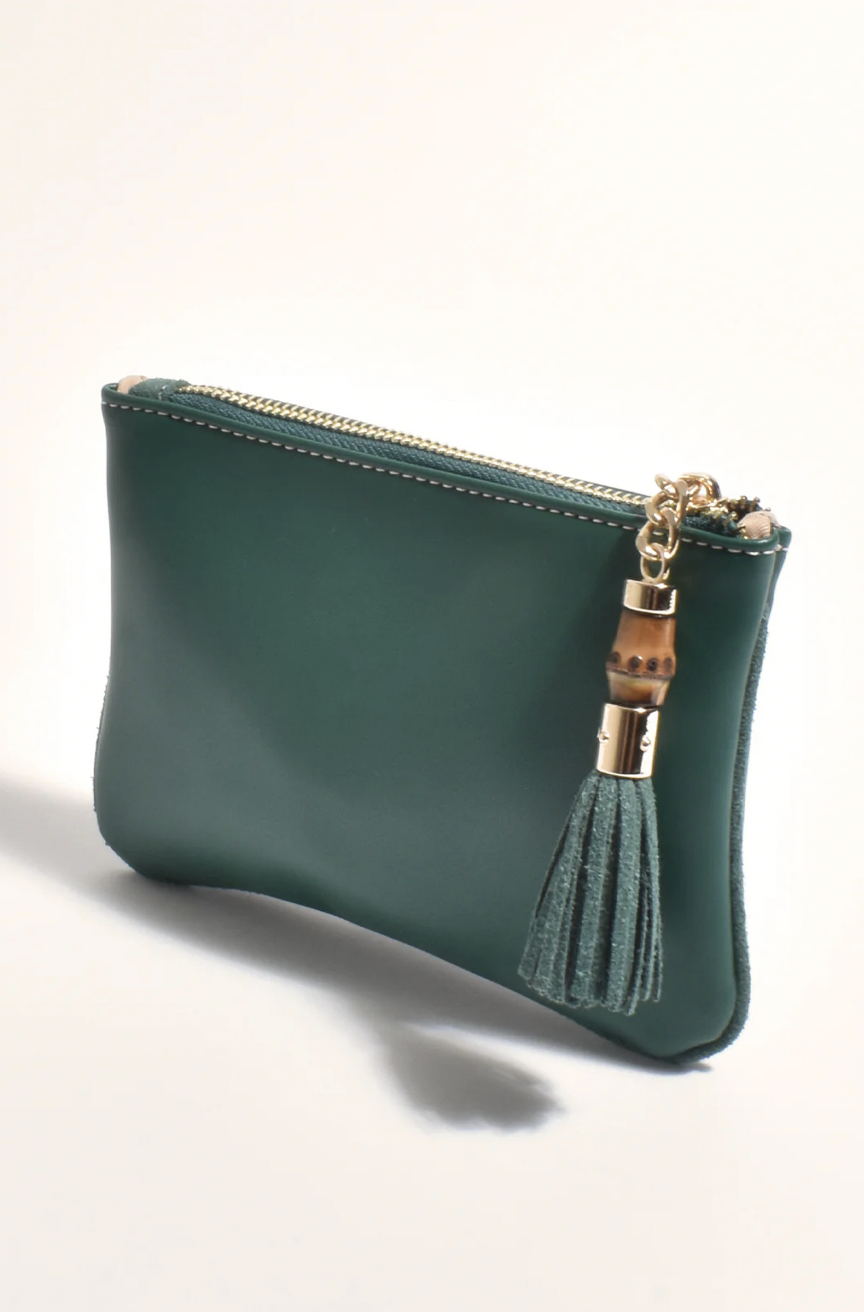 Gia Bamboo Tassel Pouch (Dark Green) Dark/Green
