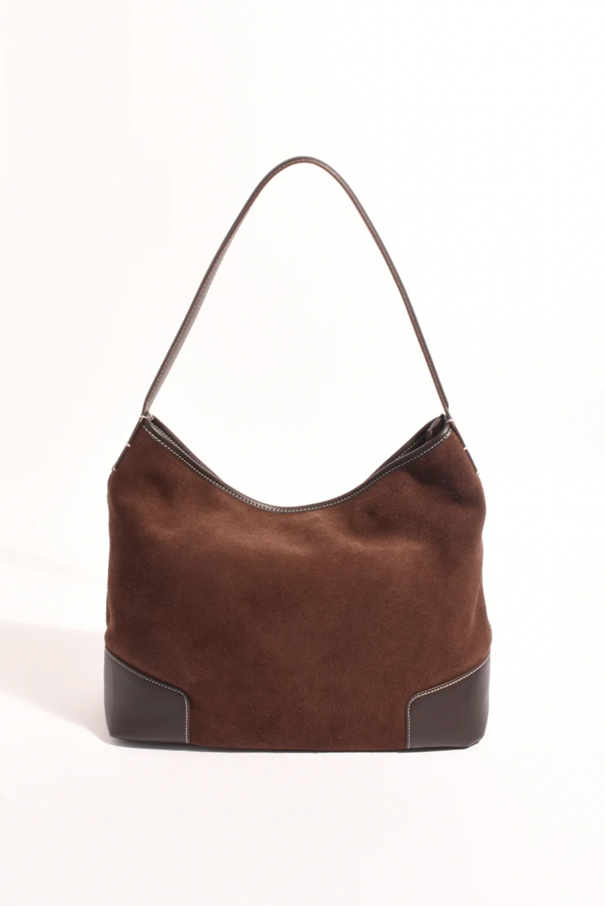 Tiae Leather Contrast Stitch Bucket Bag (Chocolate)