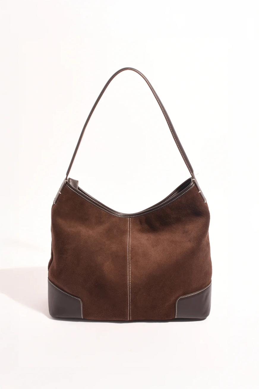 Tiae Leather Contrast Stitch Bucket Bag (Chocolate)