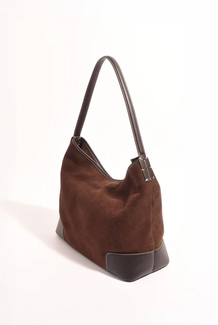 Tiae Leather Contrast Stitch Bucket Bag (Chocolate)