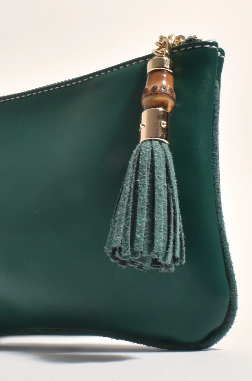 Gia Bamboo Tassel Pouch (Dark Green) Dark/Green