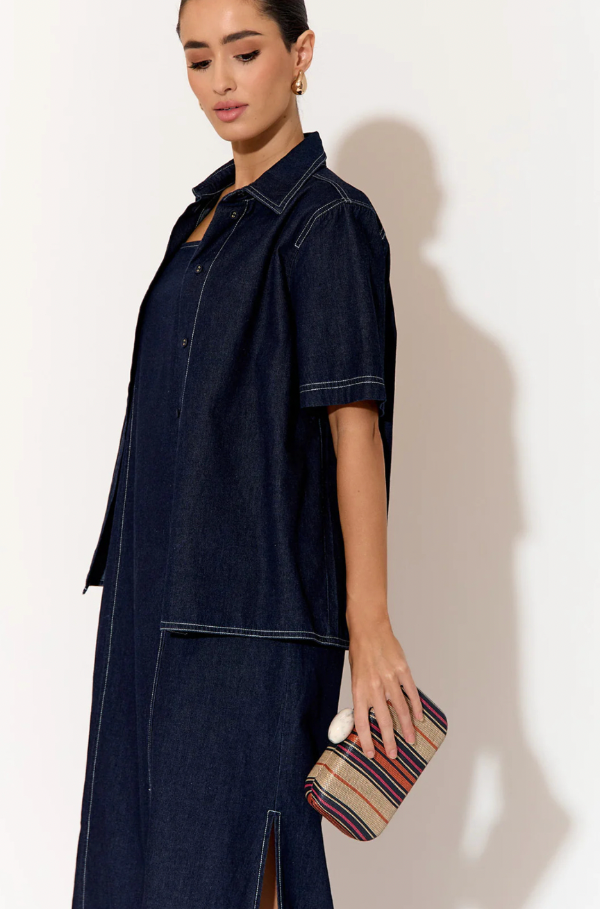 Ellery Resin Clasp Woven Structured  Clutch Navy
